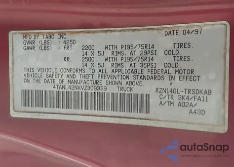 1997 Toyota Tacoma z USA, uszkodzony, nr VIN 4TANL42NXVZ309339